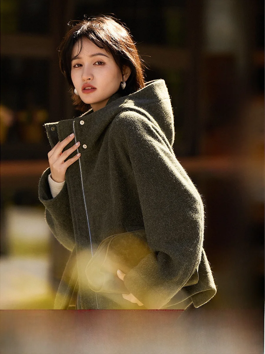 

ternoon Latte Woolen Coat ort Quilted Jaet with Hood Stand Collar Warm OL Sle Women's Faion Autumn Winter Outerwear