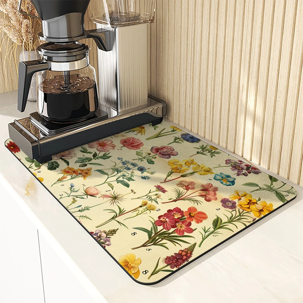 Coffee  Drain Pad Wildflower Bathroom Square Absorbing Anti-slip Dry Mat Kitchen Placemat Dishes Cup Splash Proof Drainer