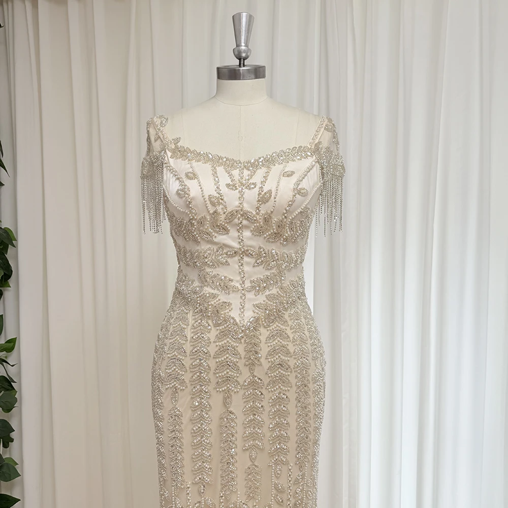 Elegantes Dubai-Meerjungfrau-Abendkleid mit V-Ausschnitt für Frauen 2025, luxuriöse Perlen, Quaste, lange formelle Abschlussball-Hochzeits-Party-Kleider, individuell gestaltet