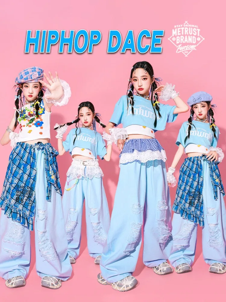 K-pop Blue Crop Top Ripped Loose Pants Children Streetwear Girl Group Costume Kids Hip Hop Street Dance Jazz Teen Clothes Sets