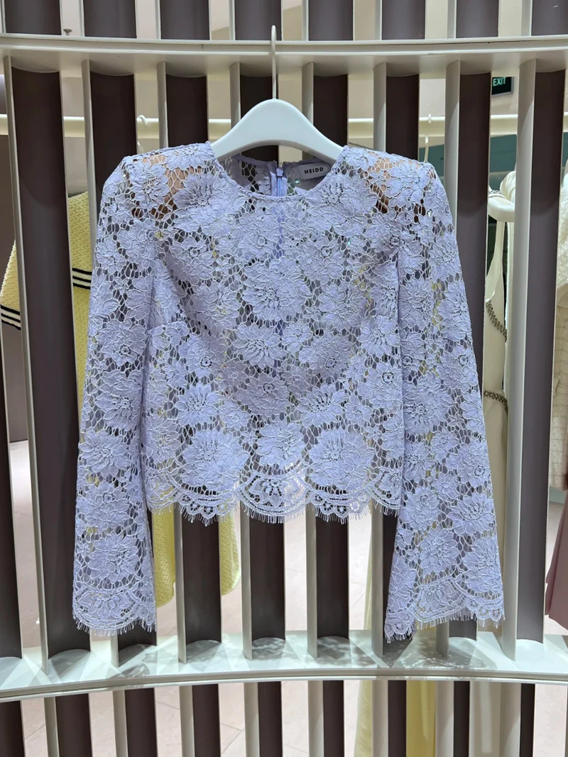 

Romantic Purple Lace round Ne Bell Sve irt Top HEIDD SP2025 Spring Summer French Sle Slim Fit Breathable Long Sve...