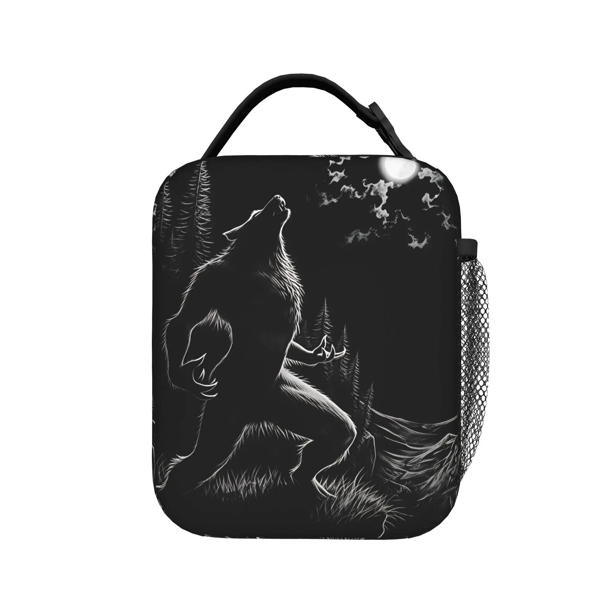 Werewolf Howling Night Forest Lunch Bag Wolf Lunch Box For Office Portable Zipper Cooler Bag Oxford Thermal Tote Handbags