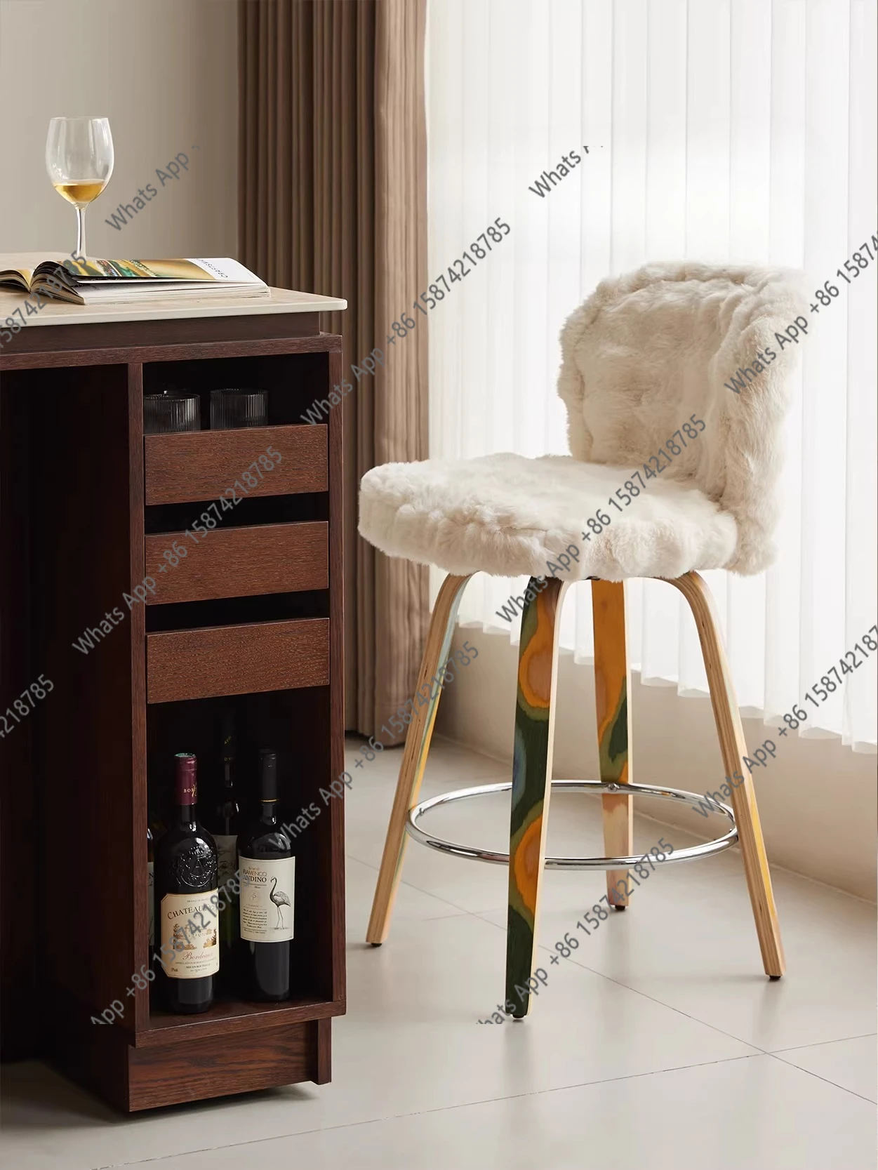 

Bar chair designer French cream style white imitation rabbit fur high foot home art bar stool