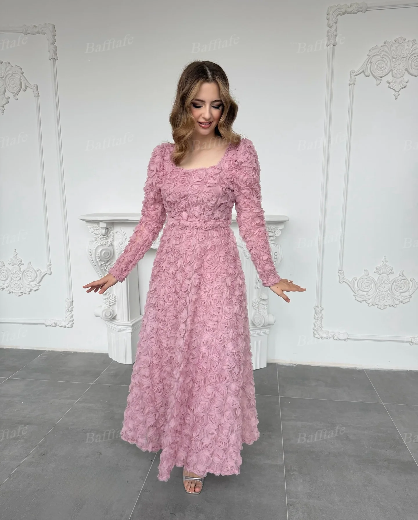 Bafftafe-vestidos de graduación de lujo con flores en 3D, personalizados, línea A, manga larga, vestido de noche para mujer, vestidos de compromiso de boda por debajo de la rodilla