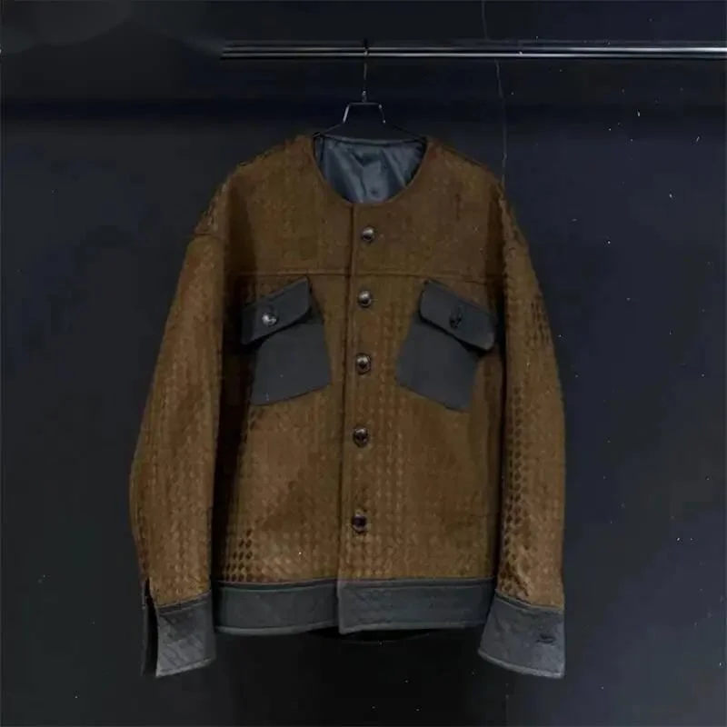Crew Neck Textured Knit Color Block Men Cargo Jacket Niche Vintage Utility Style Autumn New Casual Coats XS4R