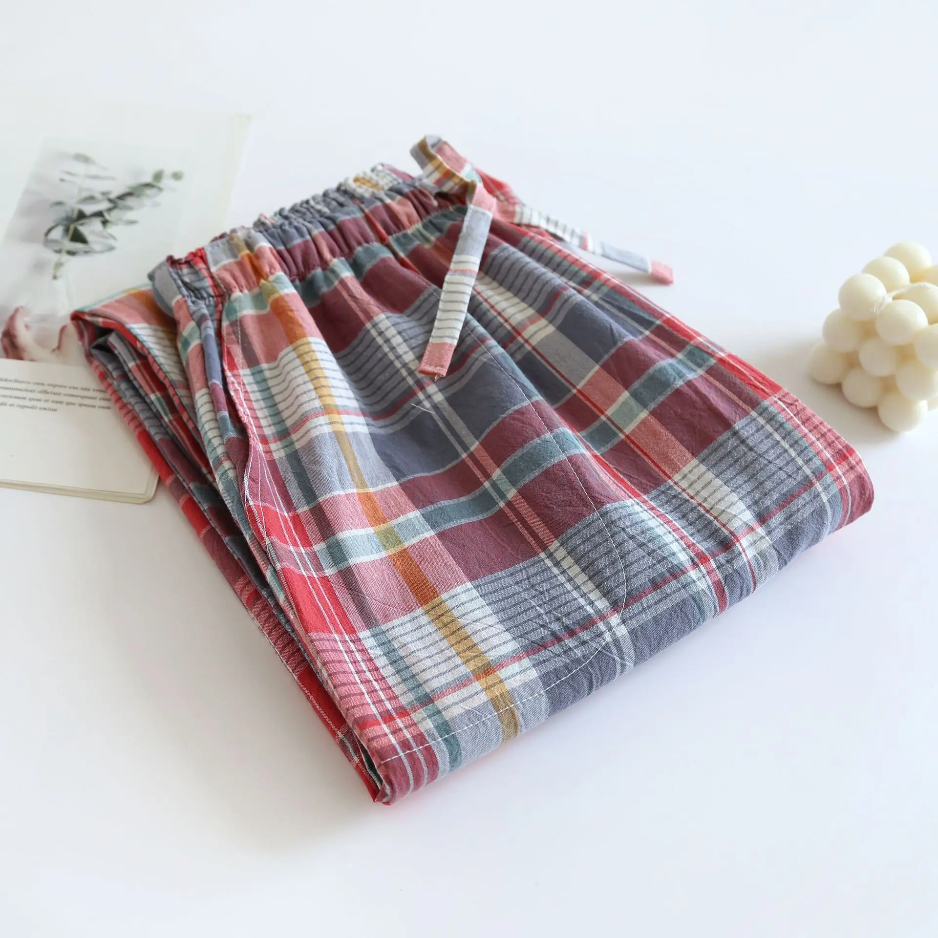 Washed Cotton Leisure Plaid Ladies Pajamas Pants Cotton Thin Plus Size Home Shorts Elastic Waist Plaid Sleep Bottoms Lounge Wear