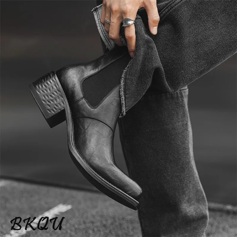 BKQU Pointy Wizard Cocked Head Chelsea Boots Casual Trend Men Autumn/Winter 2024 New Winter Plus Fleecy Ankle Boots Formal Wear
