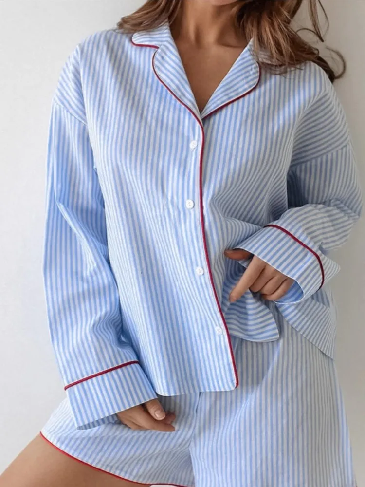 

2026 New Home Clothing Women's Pure Cotton Striped Contrast Color Long Sleeve Short Pants Loose Pajamas Set Simple Style Casual