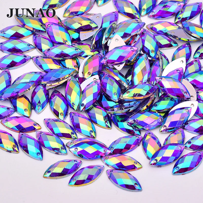 JUNAO 100Pcs 7*15mm Blue AB Crystals Sewing Horse Eye Rhinestones Applique Flat Back Acrylic Diamond For Clothing Accessories