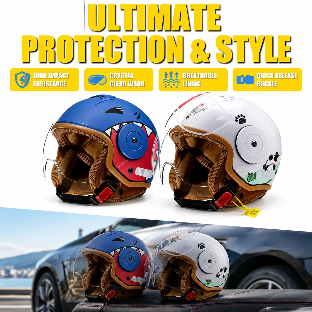 Casque de skateboard réglable pour enfants, 46-54 cm, dessin animé, visière ouverte 3/4, casquette de sécurité pour vélo et trottinette, rembourrage confortable, résistant aux chocs, ventilé, pour le cyclisme en plein air pour les tout-petits