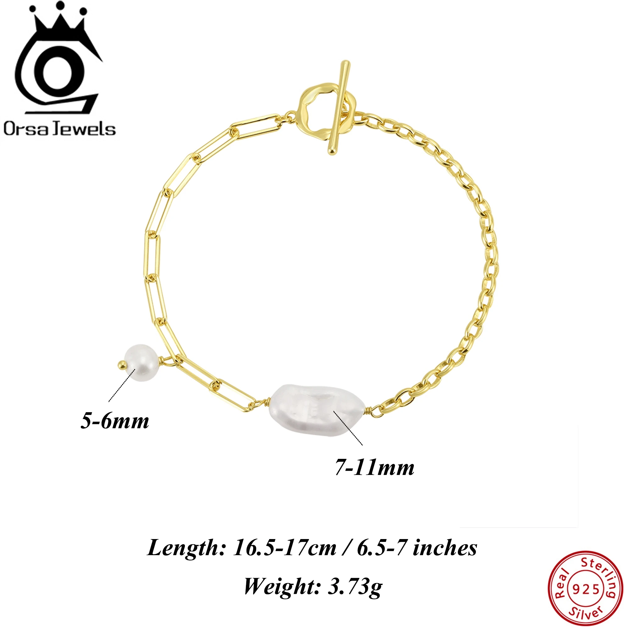 

ORSA JEWELS Dainty 925 Sterling Silver Natural Freshwater Baroque Pearl Bracelet Paperclip Chain Strand Beach Jewelry Gift GPB43
