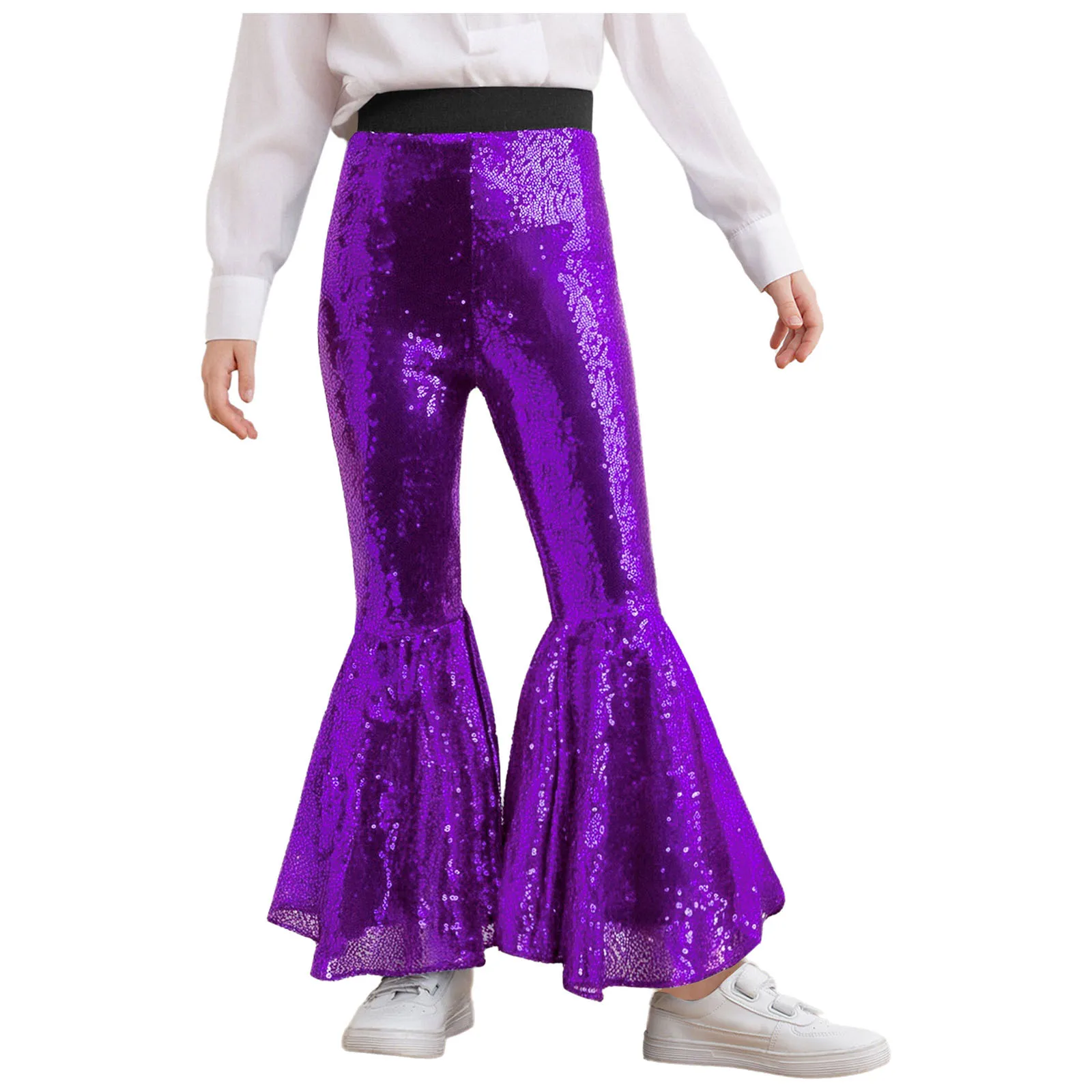 

Kids Girls Jazz Latin Disco Dance Pants Glittery Sequins Flared Pants Elastic Waistband Bell-Bottom Trousers for Performance