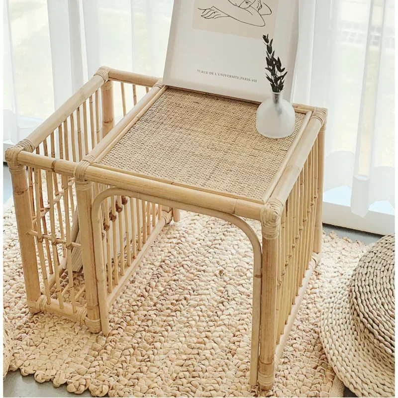 Japanese Rattan Woven Side Table, Simple Coffee Table, Books Bay Window, Balcony Table, Modern Furniture, Simple and Versatile