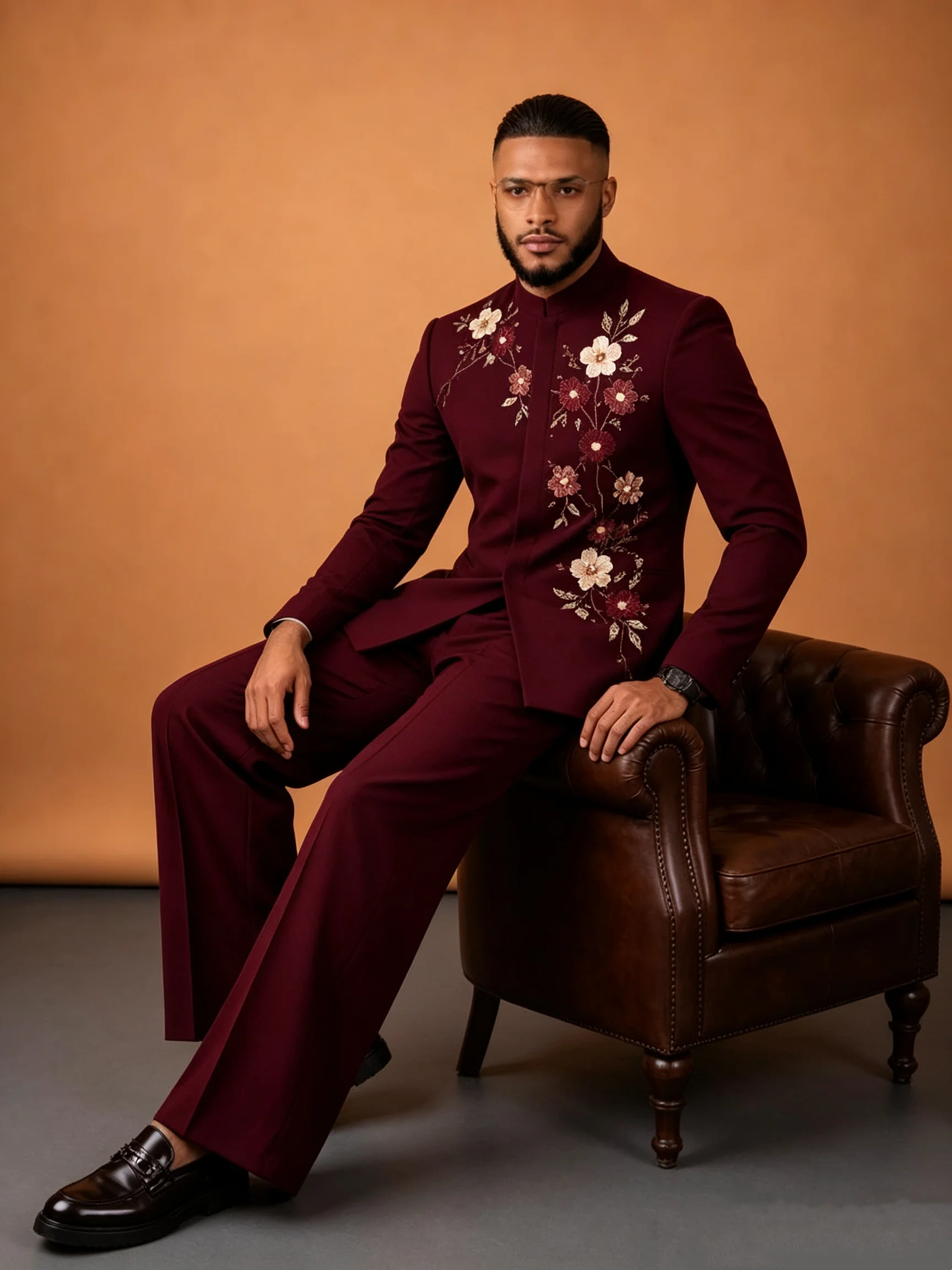 Red Men Suit Set 2 Pcs Blazer+Wide Leg Pants Appliqued Flower Wedding Tuxedos Coat Customized Formal Office Groom Jacket