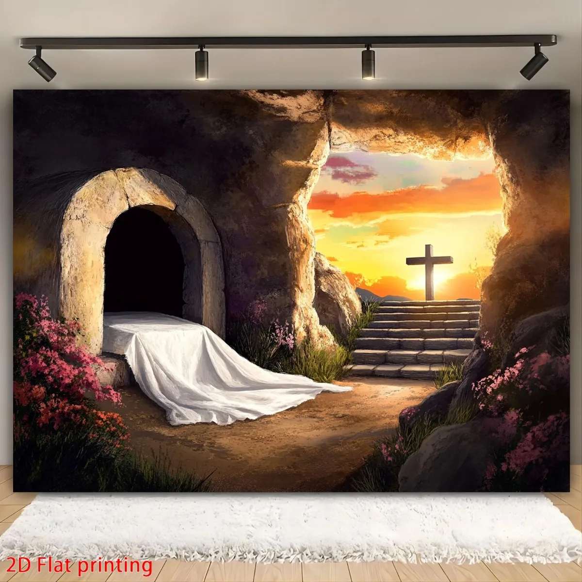 Christian Cross Tapestry Wall Hanging Spiritual Sunset Scene Religious Faith Art Canvas Decor Jesus Christ Cave Calvary Print