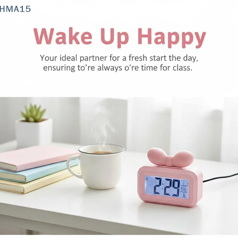 【YA】LED Bowknot Digital Alarm Clock Temperature Detection Soft Glow Night Light for Desktop Bedroom Use
