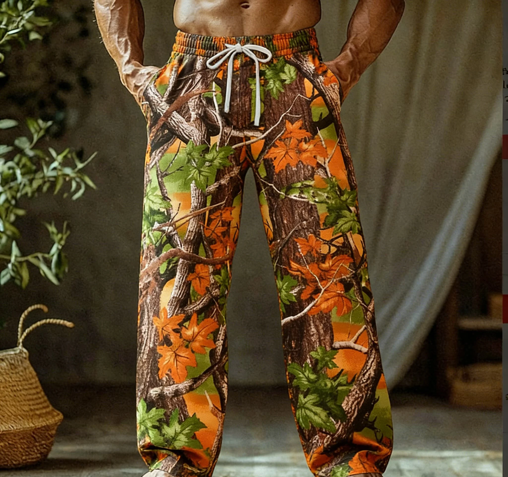 

Men's Summer Thin Quick-Dry Hawaiian Beach Pants, Orange Camouflage Print Loose Fit Sweatpants