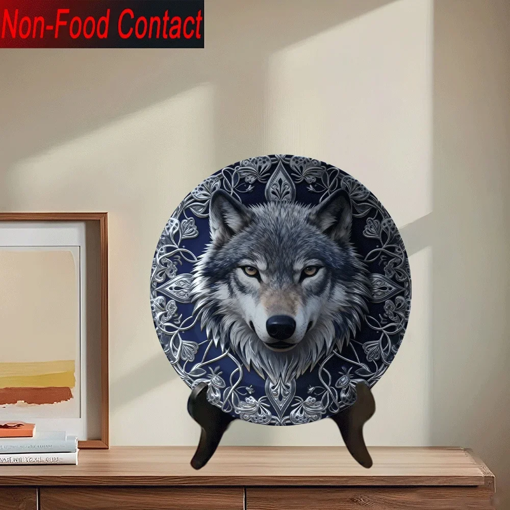 1pc Ceramic Wolf's Head Mandala Decorative Plate - Round Black & White Wolf Howling at Moon Design, Non-Food Contact Ornamental