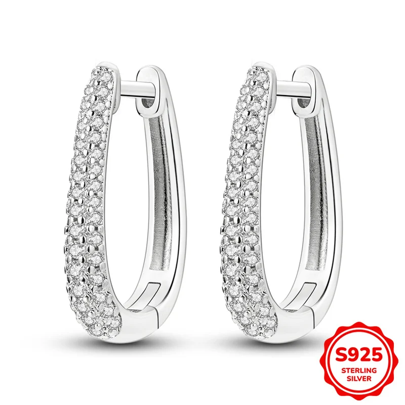

100% 925 Sterling Silver Earrings Women Shining Long U-shaped Hoop Earrings For Anniversary Wedding Jewelry Gifts