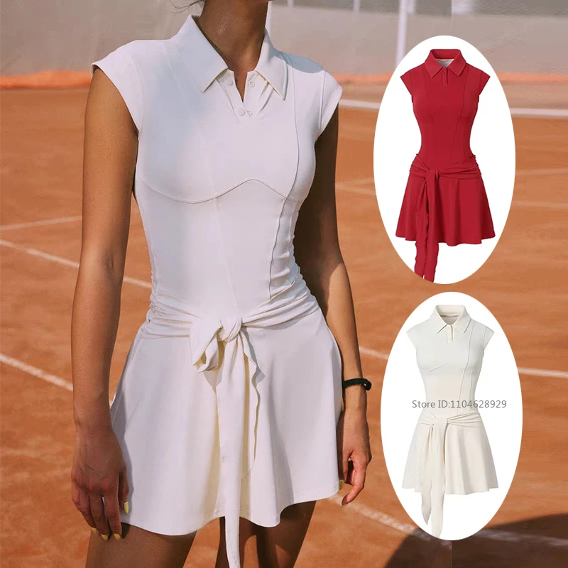 Summer New Women's Retro Polo Dress Sports Slim Tennis Golf Dresses Ladies Fly Sleeved Lace Up Skirts with Short Workout Fitness