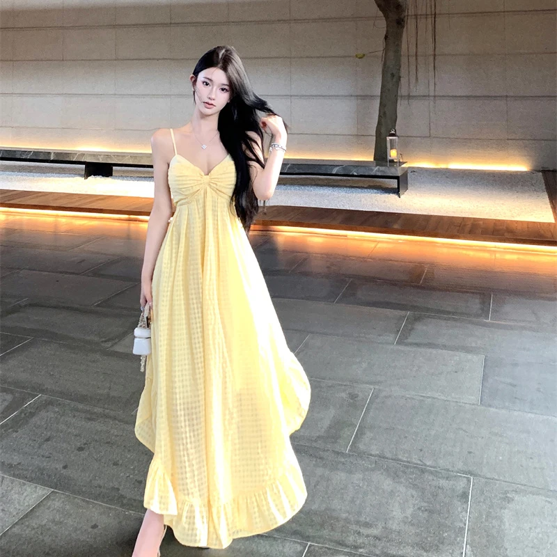 Gidyq สีเหลืองลายสก๊อตวันหยุดชุดผู้หญิงเซ็กซี่ชายหาด Backless Camis ฤดูร้อน Chic ไม่สม่ําเสมอสปาเก็ตตี้ Vestidos ใหม่