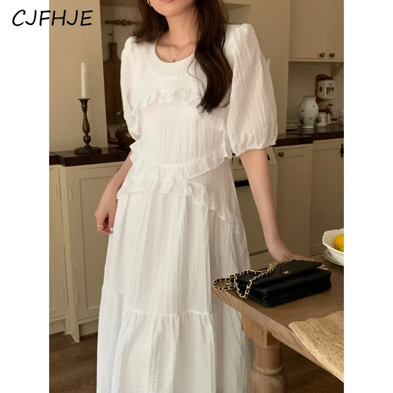 

CJFHJE Spring New Women's Ear Edge Pleated Splicing Fishtail Dress Version Gentle Style Medium Length Loose Fitting Women Dress