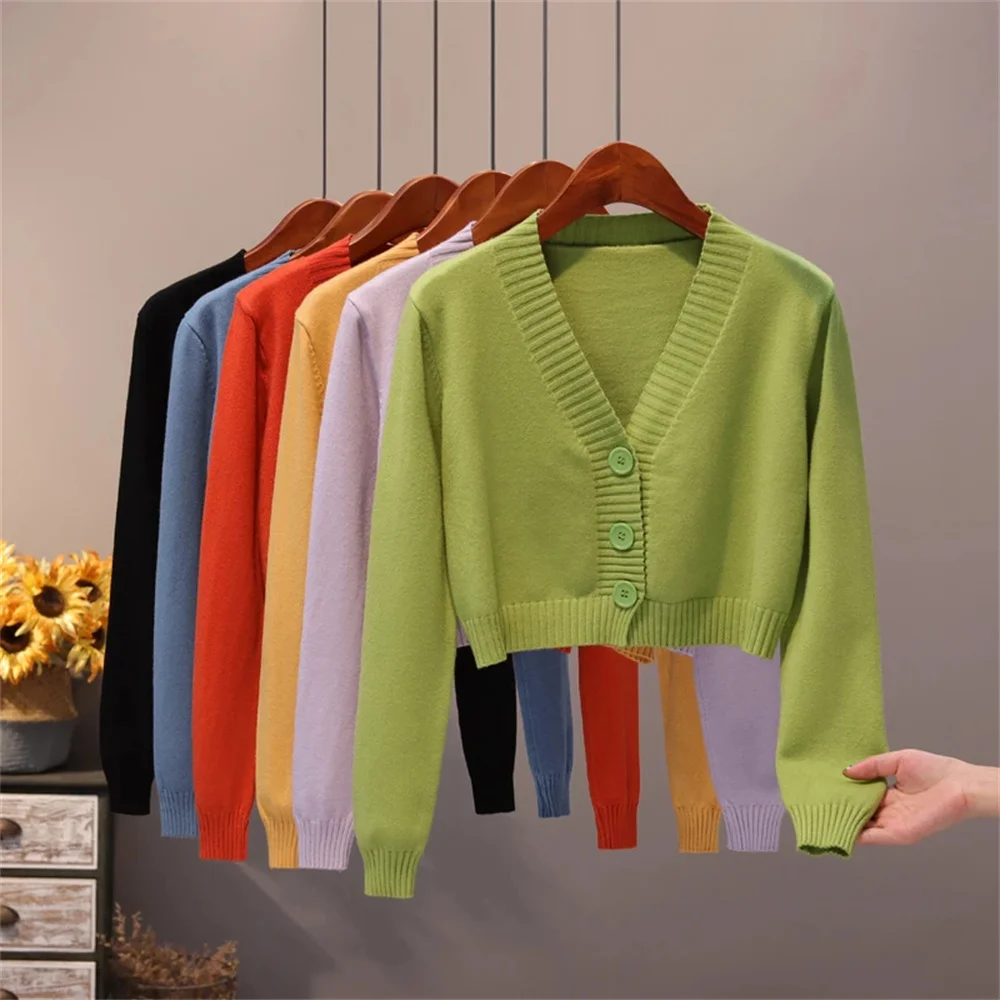 Gestrickter Kurzer Cardigan für Damen Koreanischer Lässiger Kurzpullover Langarm Crop Top V-Ausschnitt Mode Y2k Kleidung Grün Blau Strickwaren