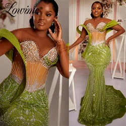 Green Mermaid Prom Dress African Arabic Evening Gowns Formal Occasion Beaded Crystals Party Second Reception Birthday Dresses