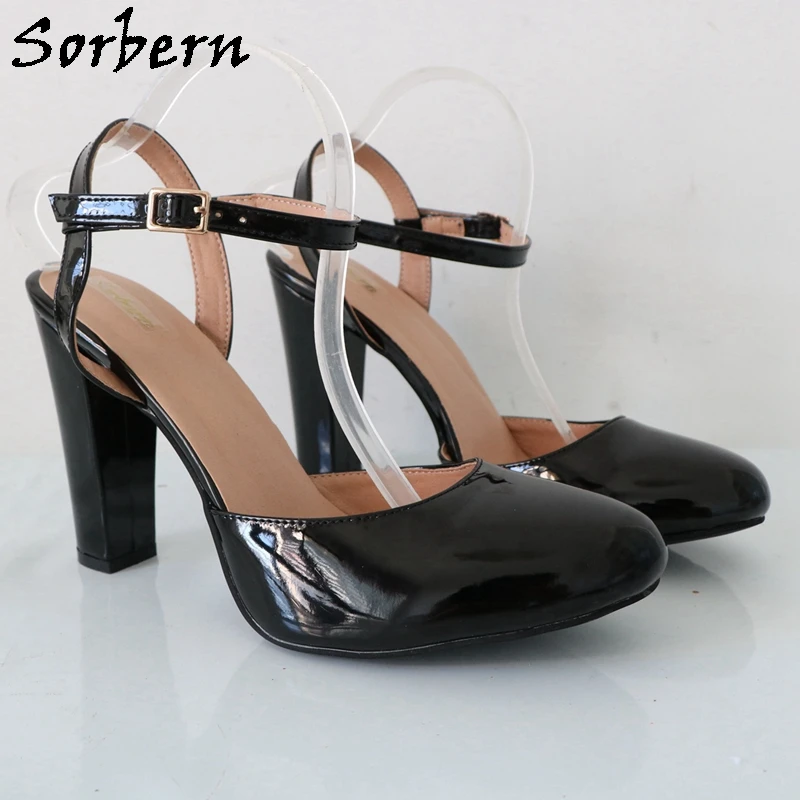 Sorbern Black Shiny Block High Heel Ankle Strap Women Pump Shoes Chunky Heeled Round Toe Vintage Style Custom Plus Size image 3