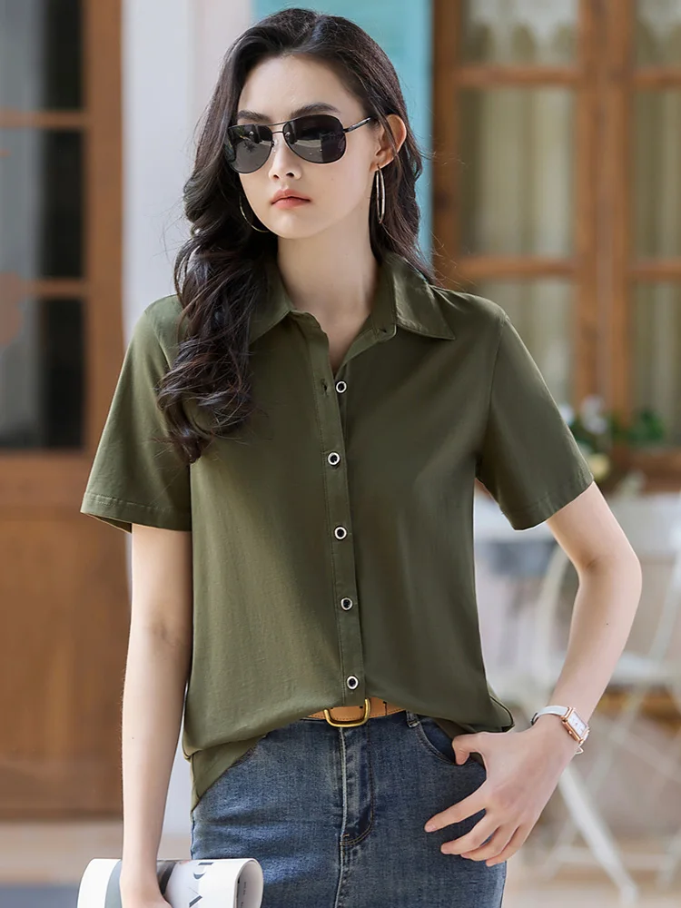 New Women Summer Cotton T-shirt Fashion Polo Collar Single Breasted Short Sleeve Tees Tops Simplicity Casual Loose T-shirt