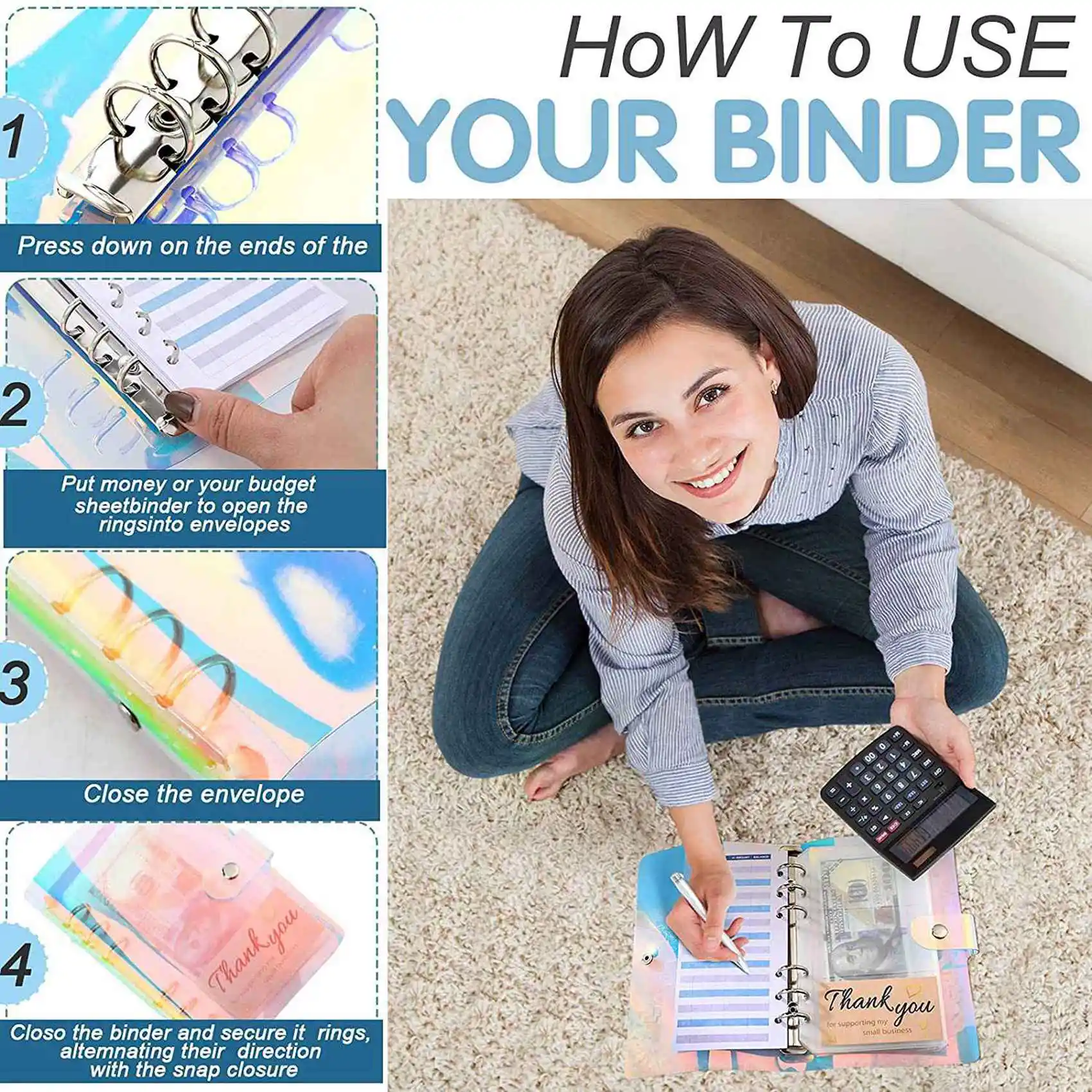 2X A6 Binder Pocket With Notebook Cover,PVC Binder Cover,Waterproof 6-Ring Binder,Notebook, Multicolor