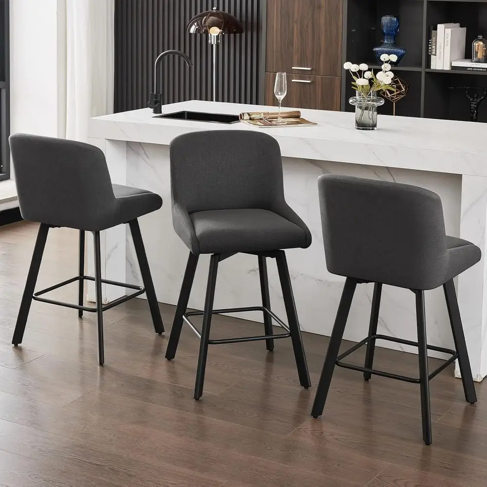 

Set of 3 26 High Upholstered Swivel Bar Stools with Backs for Kitchen Island, Metal Legs, Fabric Seat, Black & Grey Options