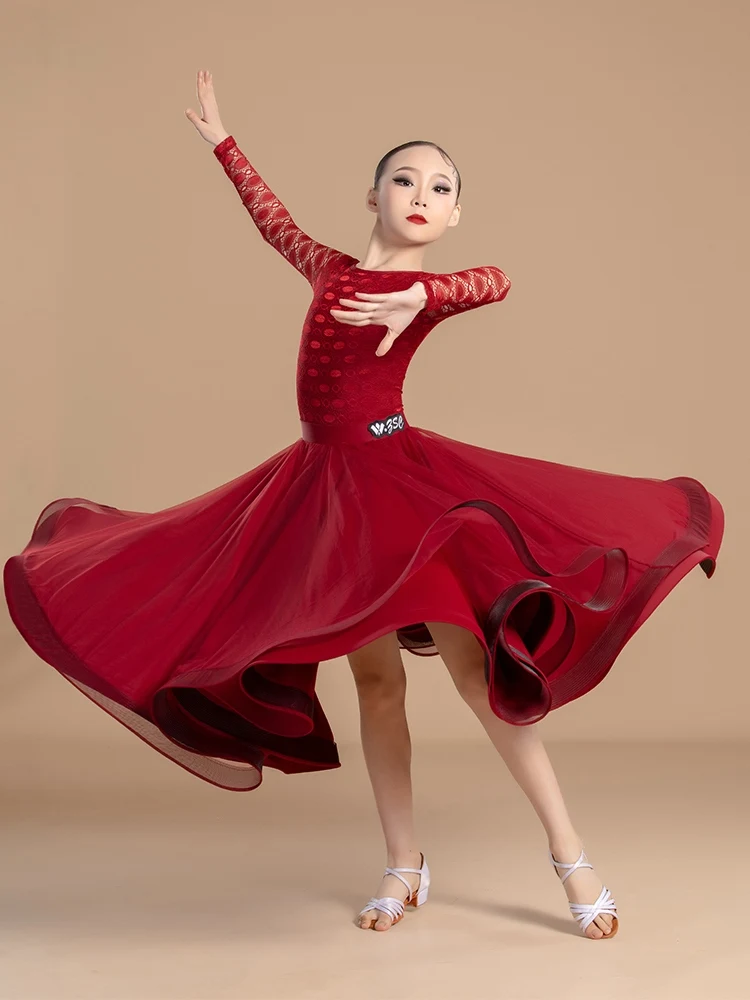 Ballroom Dance Competition Dress Girls Red Long Sleeve Dresses Standard Waltz Modern Dancing Costume Practice Clothes VDL347