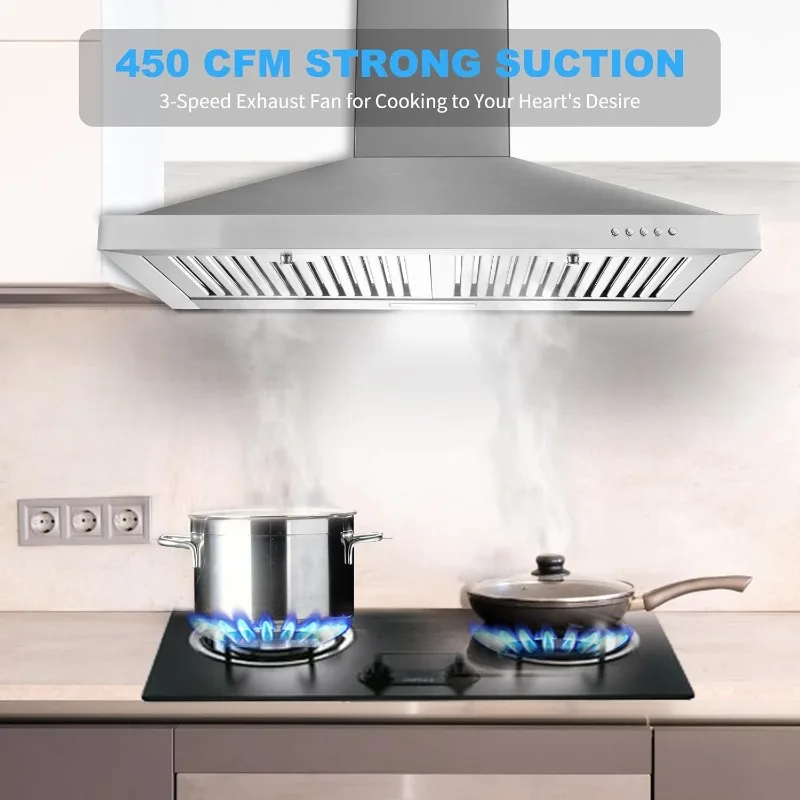 

Range Hood, Range Hoods 30 Inch Stainless Steel, 450 CFM Kitchen Hood With LED Light Baffle Filters, 3 Speed Exhaust Fan Vent Ho