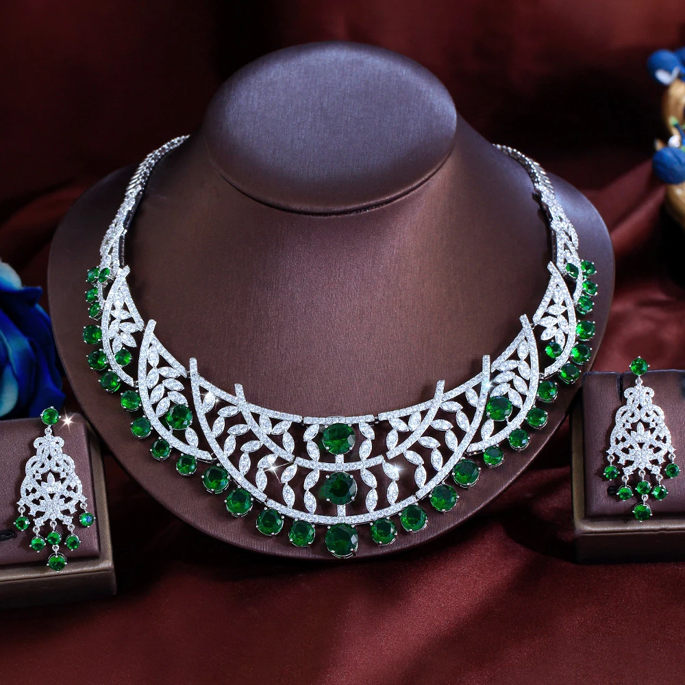

ThreeGraces Luxury Vintage Shiny Green Round Zirconia Leaf Shape Big Bridal Wedding Evening Party Jewelry Set for Women T1074