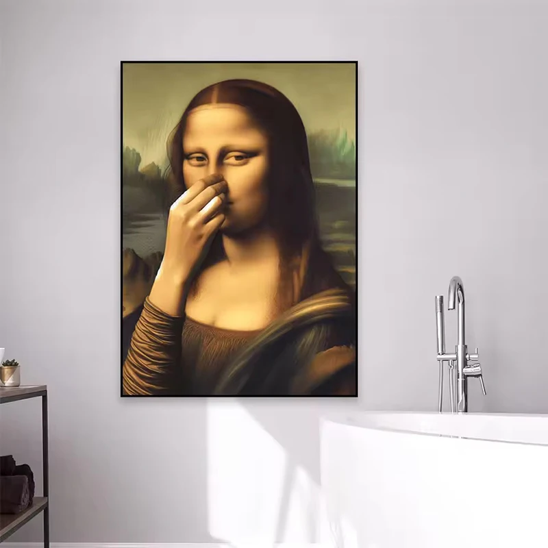 모나리자 욕실 벽 아트 포스터 인쇄 화장실 유머 재미 있은 Davinci 영감 욕실 빈티지 나쁜 냄새 캔버스 회화 장식