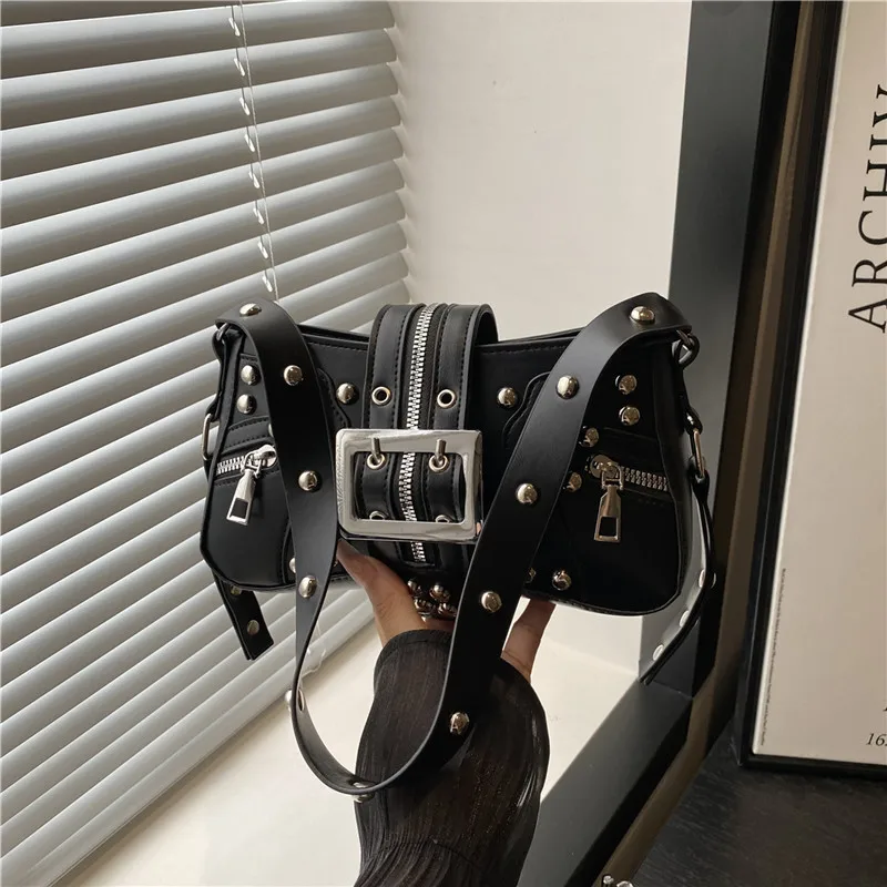 

Y2K Punk Women's Studded Leather Crossbody Bag Gothic Shoulder Hobo Satchel with Buckle Rivet Punk Tote Handbag