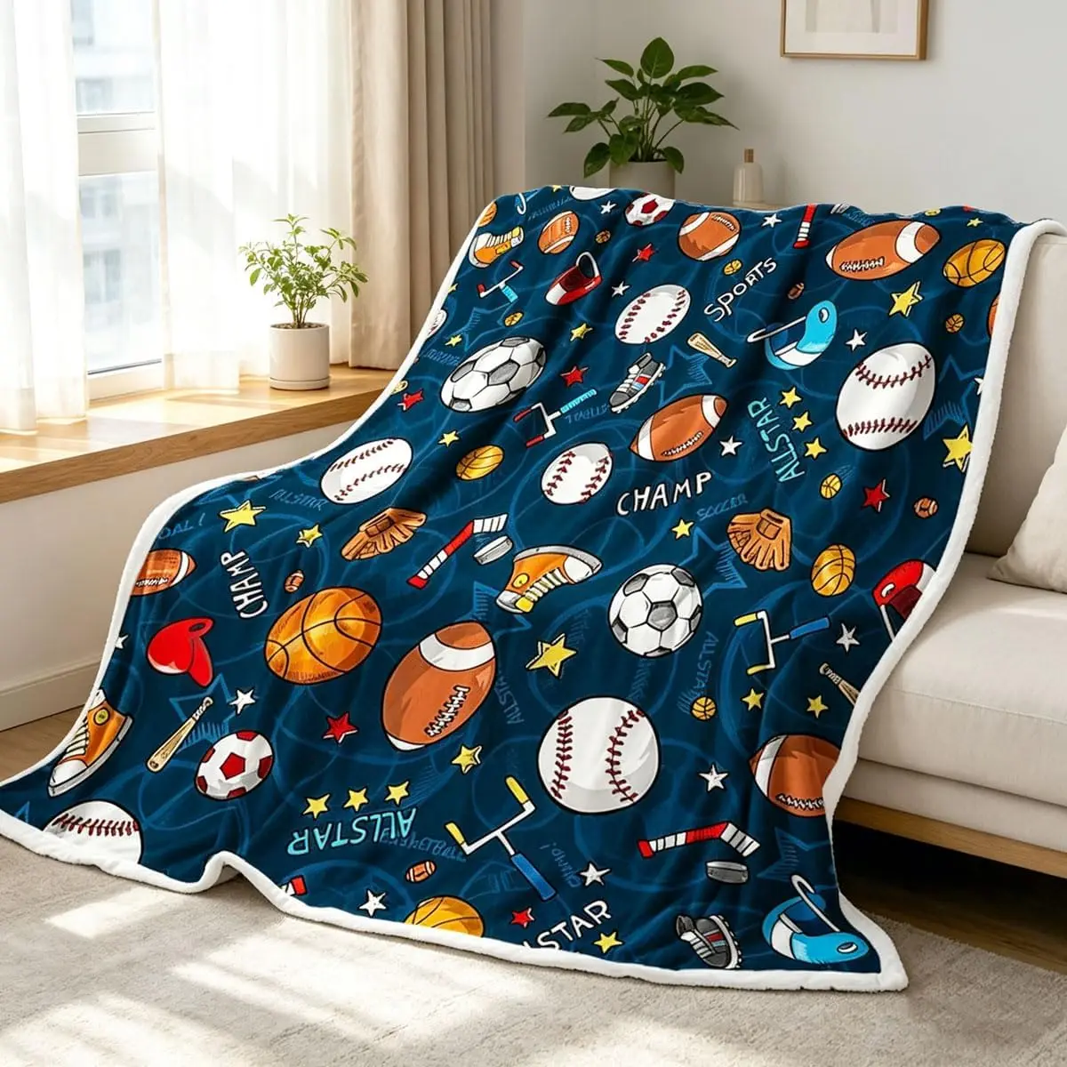 Cartoon Football Basketball Baseball Rugby Gear Star Dark Blue Background Pattern Flannel Throw Blanket, Warm Cozy Blanket