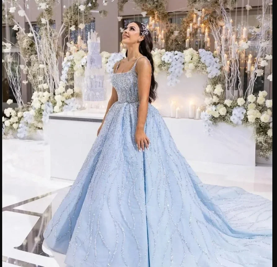 

Customized Sparkly Pearls Beads Luxury Wedding Dress Vestido De Casamento Sky Blue Spaghetti Strap Ballgown Bridal Gown