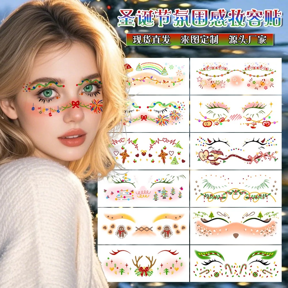 

12 Sheets Christmas Eye Corner Face Stickers Cute Cartoon Temporary Tattoo Premium Festive Makeup Decoration for Holiday Party