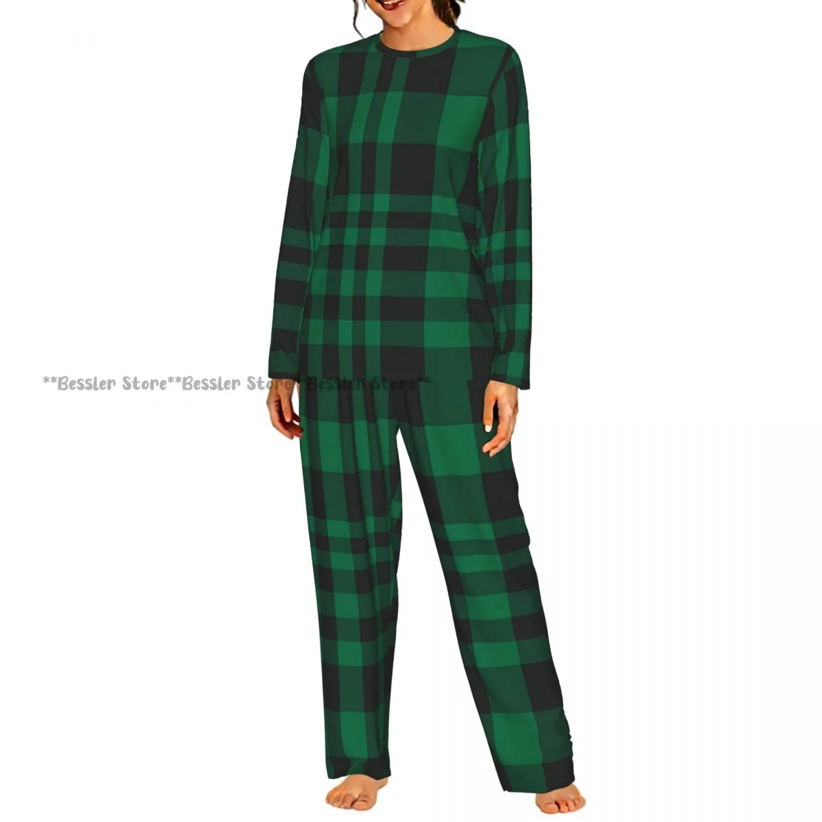 Women Round Neck Pajamas Set Plaid Checkered Tartan Pattern Long Sleeve Tops + Long Pants