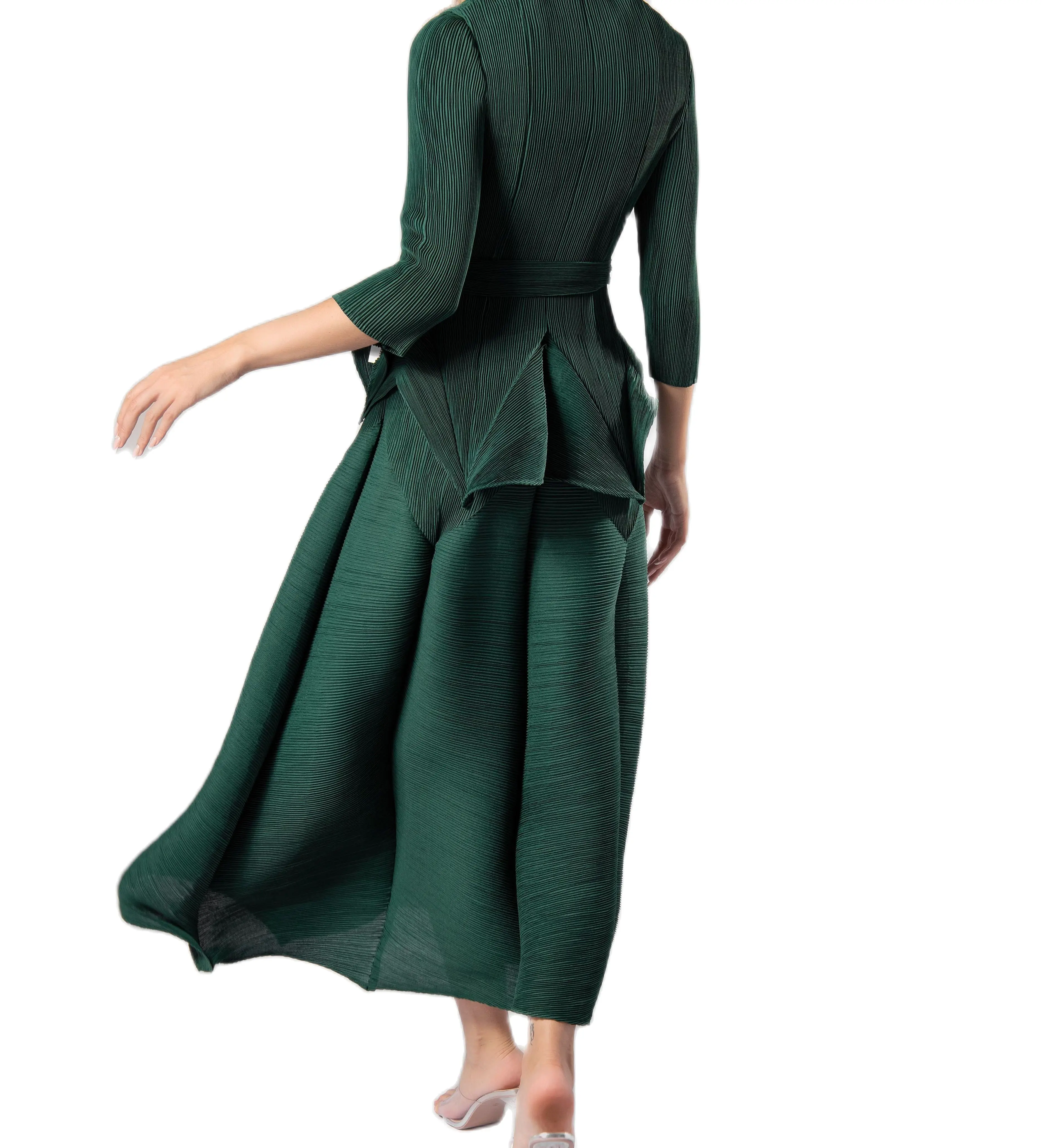 Imagem -02 - Miyake Peças Verde Manga Longa Plissada Vestido para as Mulheres Cinto Conjunto Casual Novo 2024 Elegante Vestido Conjuntos para as Mulheres Tamanho Grande Preto