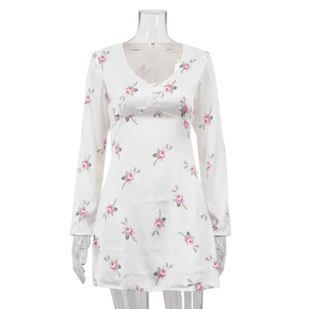 Blifanbo – Mini robe en Satin imprimé à manches longues pour femme, col en v, taille haute, imprimé Floral, ligne a, loisirs, vacances, mode automne