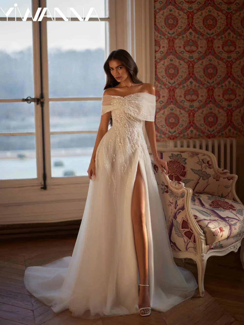 

Новое ослепительное свадебное платье 2026 года с бисером и разрезом, элегантное длинное платье А-силуэта, индивидуальный пошив, платья с открытыми плечами для невесты