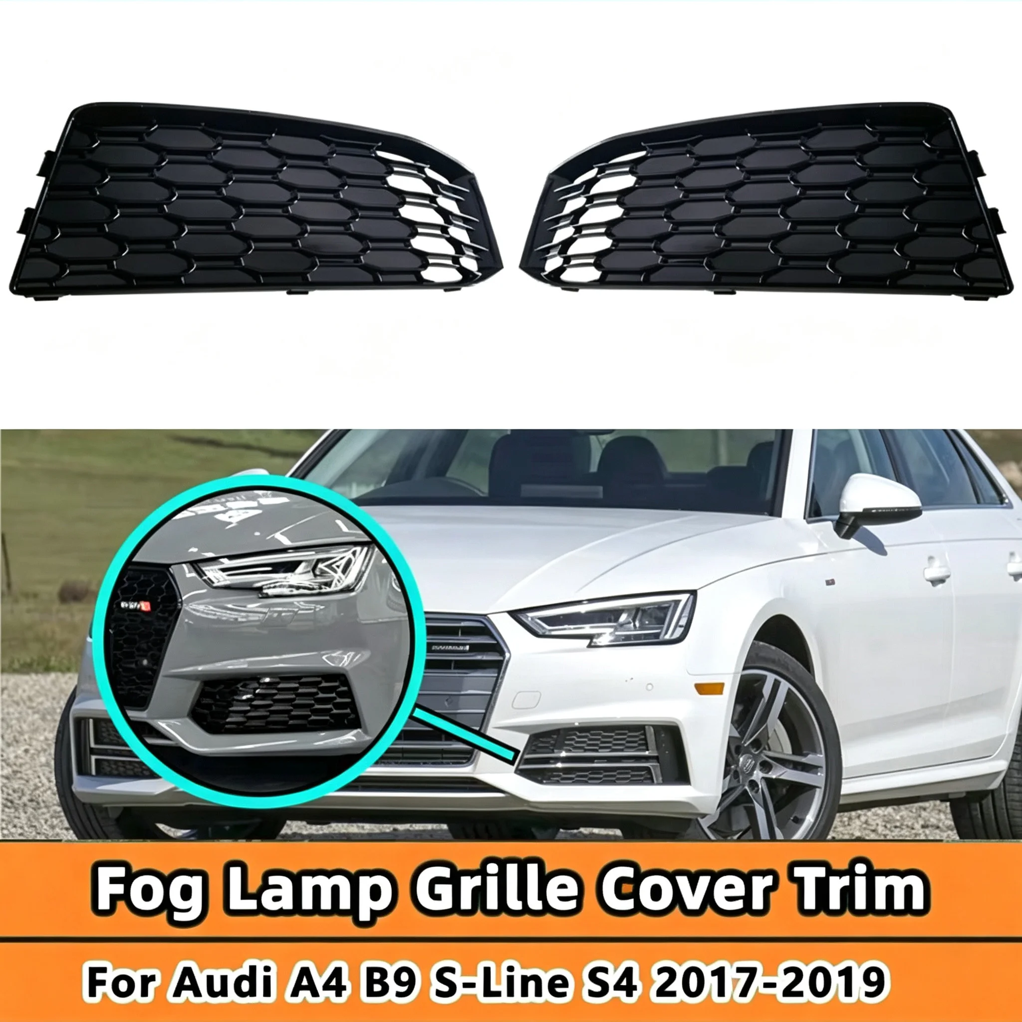 Car Front Bumper Fog Light Grille Honeycomb RS4 Style Fog Lamp Cover Fit Audi A4 B9 S-line 2017 2018 2019 Auto Exterior Modifica