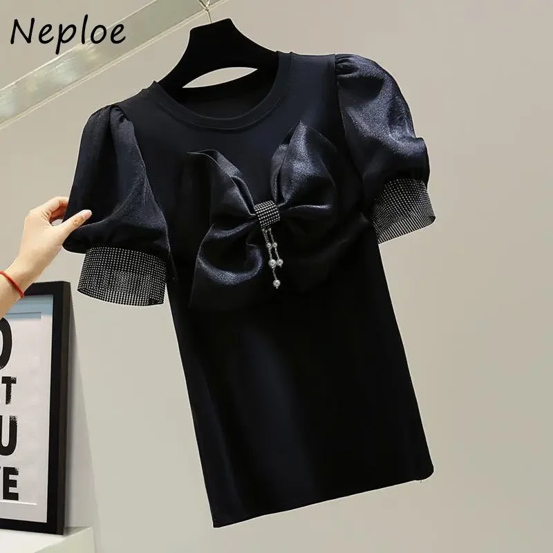 Neploe Retro Studded Beaded Bow Gentle Femme Top 2024 Summer Temperament Versatile Patchwork Bubble Sleeve Solid Simple T-Shirt