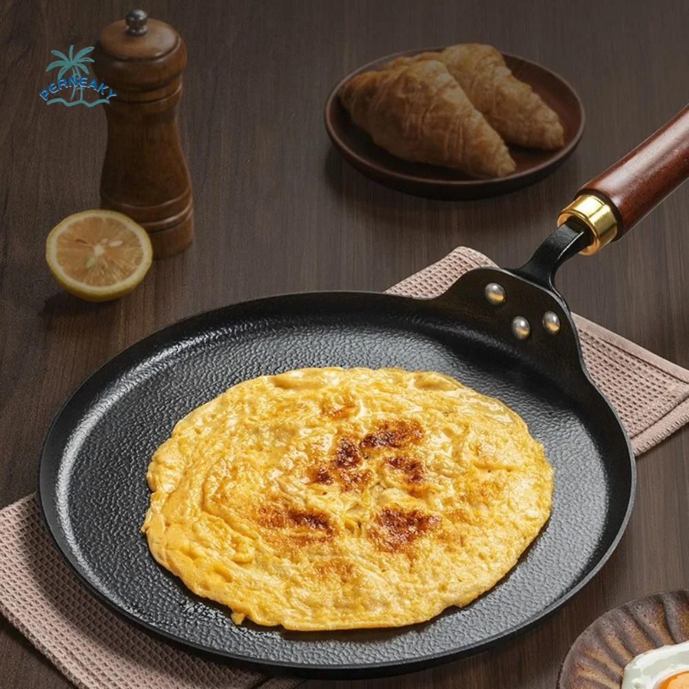 

Durable Uncoated Cast Iron Frying Pan Wood Handle Universal Pancake Pan Thickened Non-stick Pan Omelet