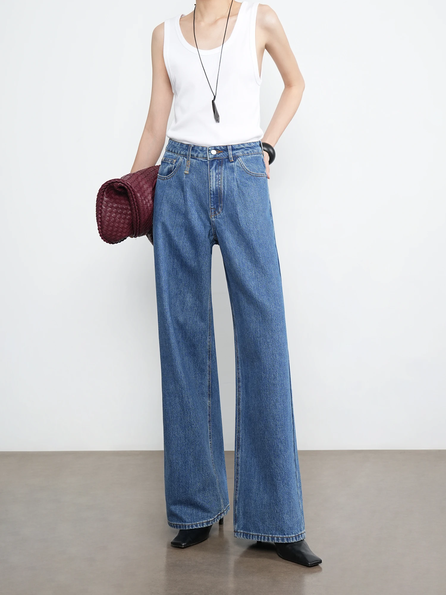 

High Waist Wide Leg Jeans Women's Loose Casual Versatile Faion Pleated Loose Fit High Waist Jeans Blue Cotton Blend