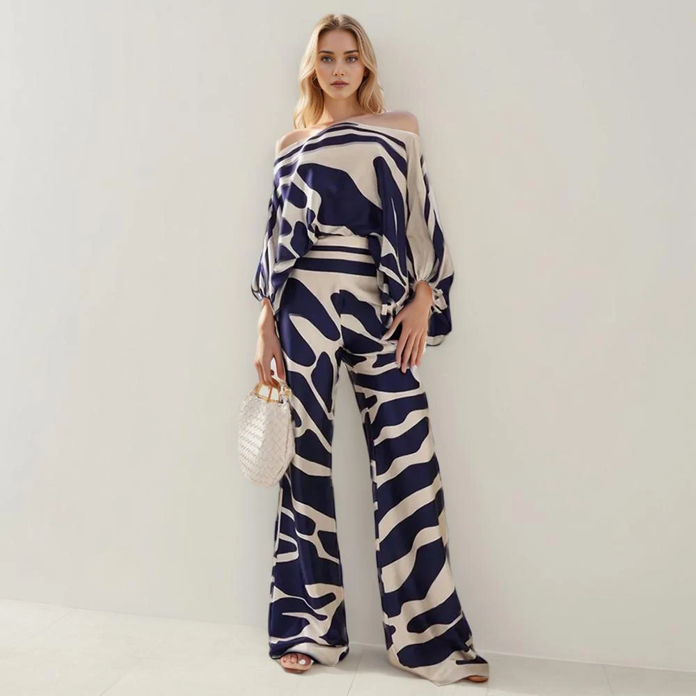 

Casual Hit Color Two Piece Set For Women Skew Collar Lantern Long Sleeve Tops High Waiat Wide Leg Pants Fashion Sets Female