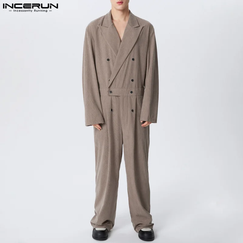 

INCERUN Men Jumpsuits Solid Color Lapel Long Sleeve Double Breasted Casual Rompers Streetwear 2025 Fashion Male Overalls S-5XL